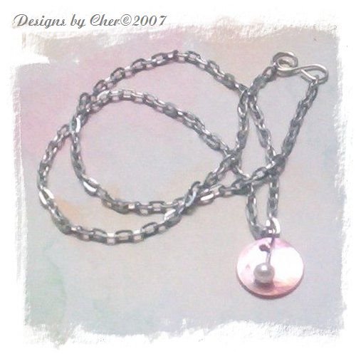 PINK SHELL and PEARL Pendant, Adjustable Aluminum Necklace
