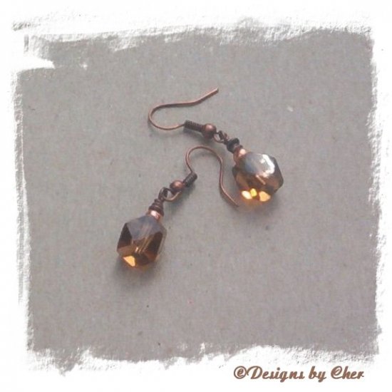 Diamond Cut MAHOGANY Glass CUBES & Antique Copper Earrings