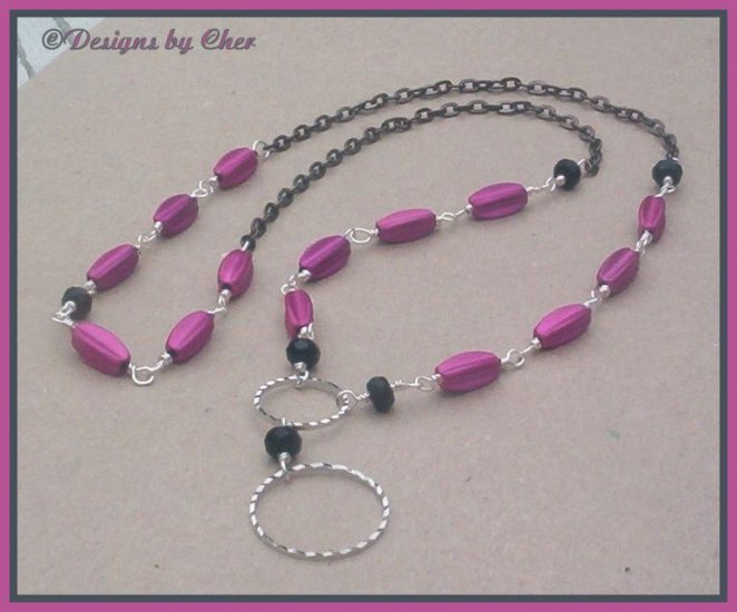 HOT PINK & JET Eyeglass Pendant, Gunmetal Necklace HANDMADE!