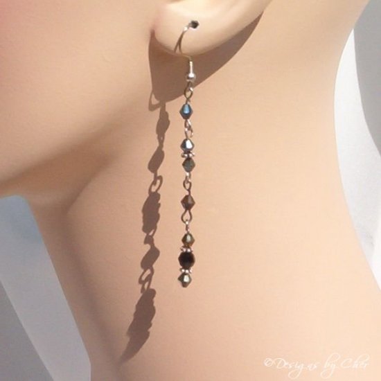 Stylish, Linear Jet Black and Brown Iris Crystal Earrings