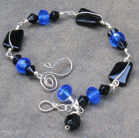 Black and Blue Glass Sterling Bracelet, Wire Wrapped, Handmade Clasp