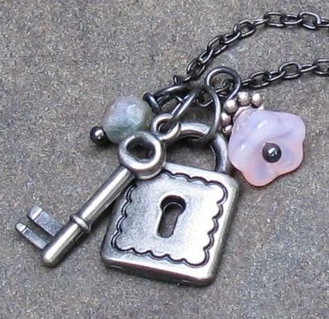 Lock & Key Gunmetal Charm Necklace, Adjustable 15-18"