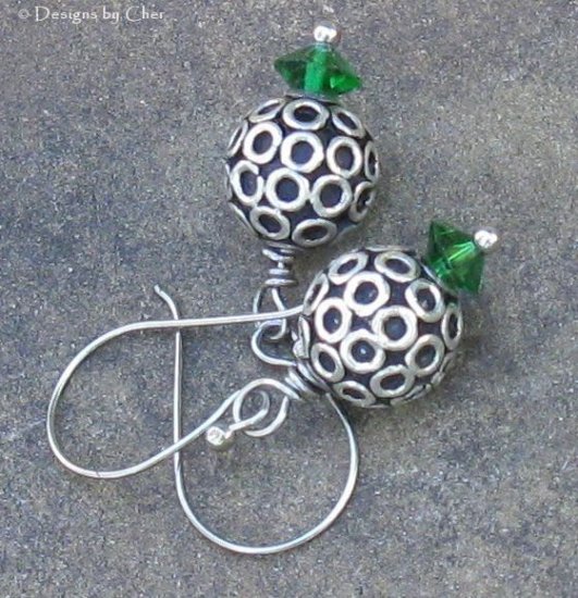 Bali Silver BaLLs & Swarovski Emerald Earrings