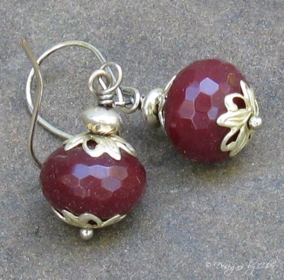 Ruby Quartz Rondelles, Capped Silver Earrings