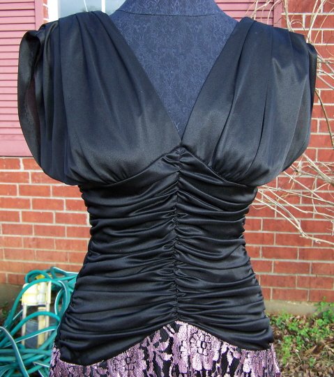 Vintage 70s Ruched Disco Prom Dress Black Pink Lace S