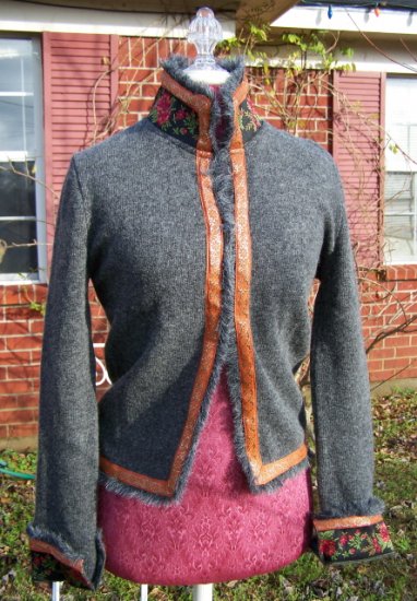 Free People Gray Wool Sweater Jacket Ornate Trim M NWOT