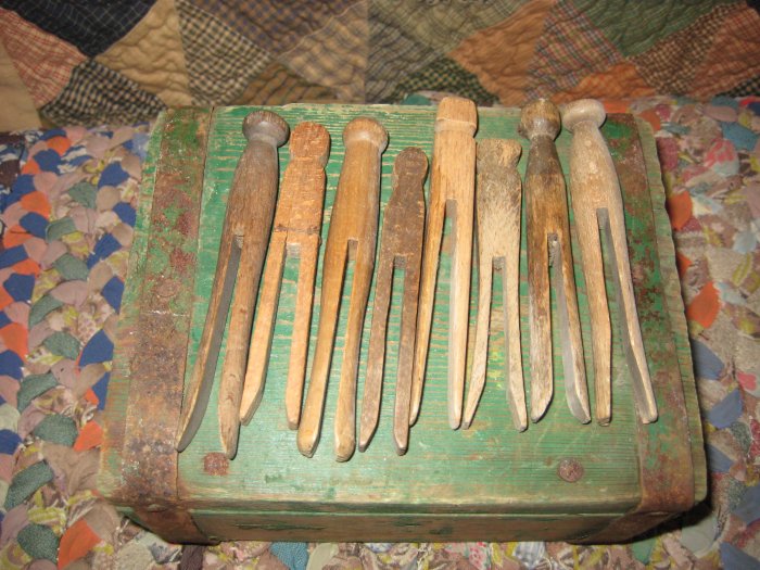 Primitive Green Painted Box with Clothes Pins