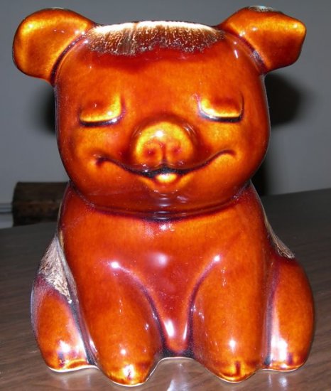 Hull Piggy Bank - Sitting Pig - Brown w/ Drip Turquoise