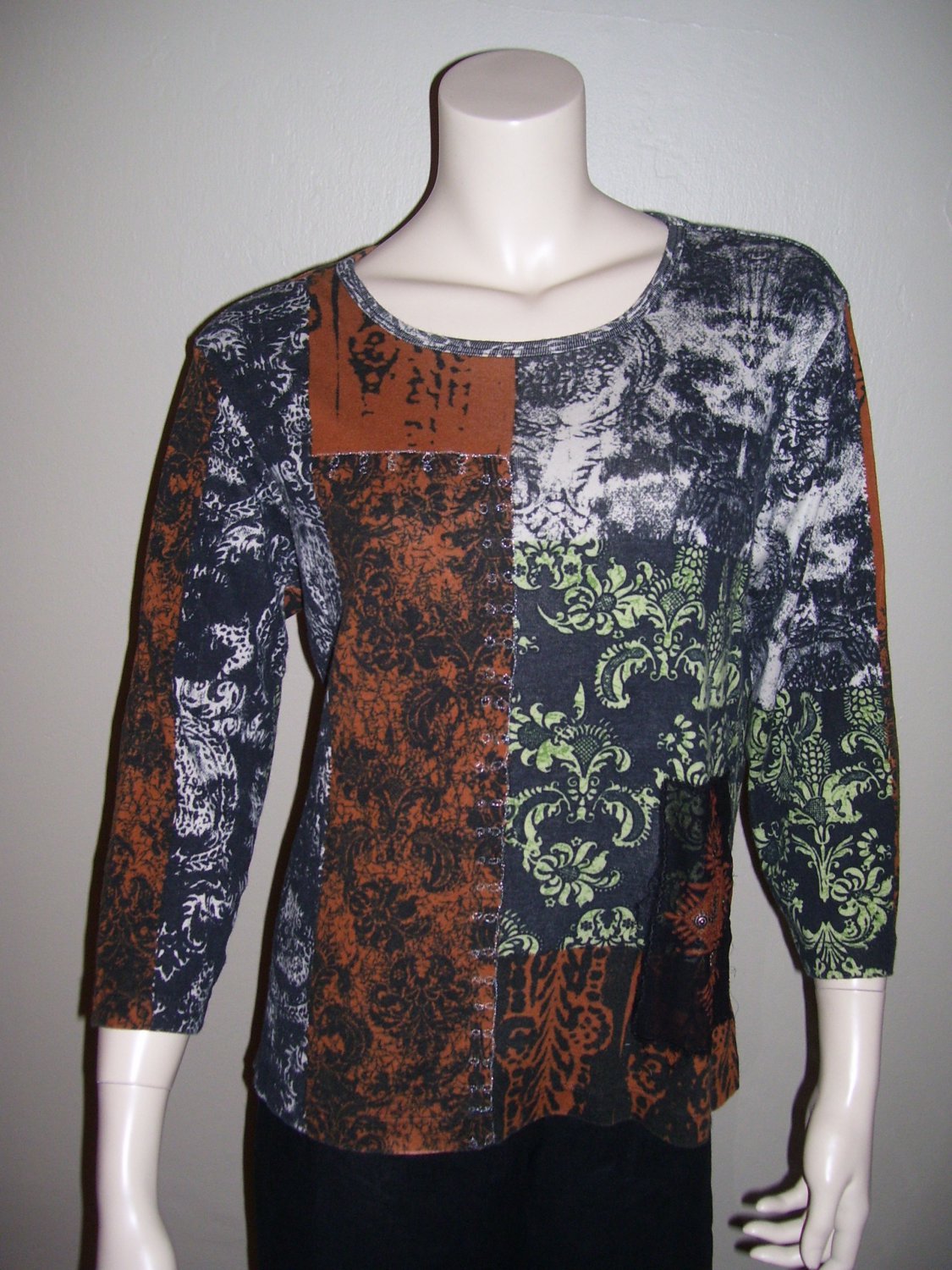Womens Knit Blouse Large Chicos Black Brown Top 2 L