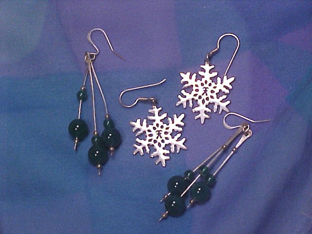 2 Pair Sterling Silver Earrings ~ Snowflakes & Jade