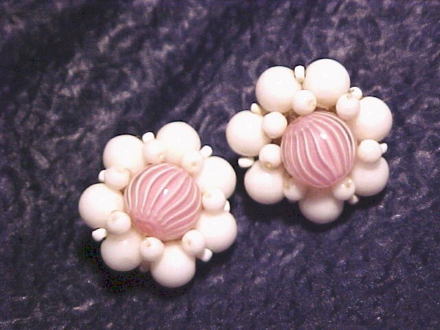Germany Pink Candy Swirl Glass Bead Clip Earrings