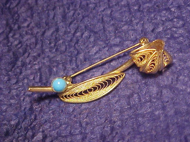 Vintage Turquoise BLue Glass Drop Nouveau Pin