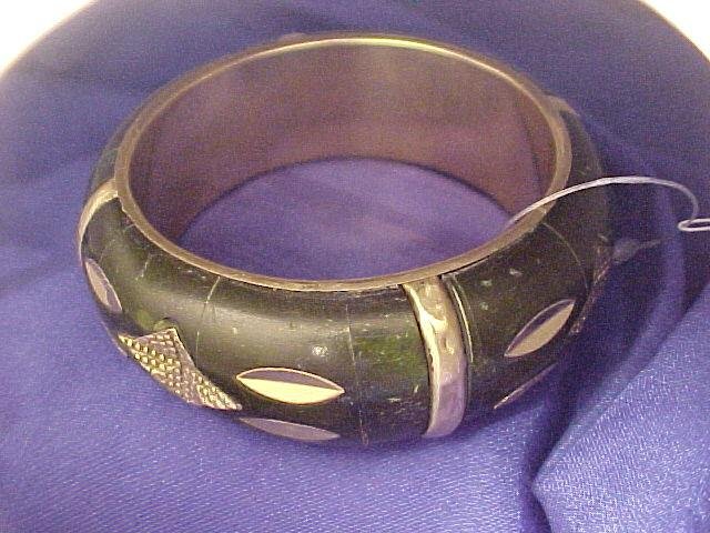Brass & Deep Green Wide Bangle Bracelet