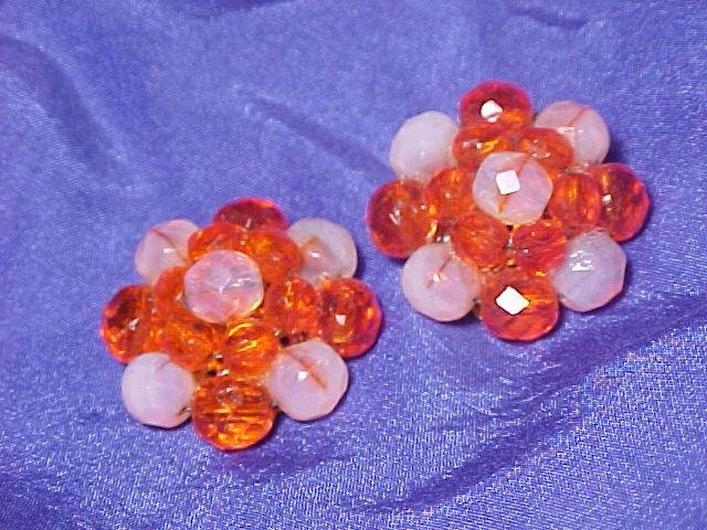 Orange & Crystal Swirl Antique Clip Earrings Japan Bead
