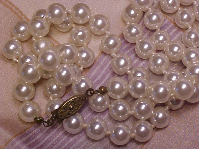 24" Faux Pearl Costume Necklace 6mm Knotted Beads Vtg Costume ~ Free Shipping