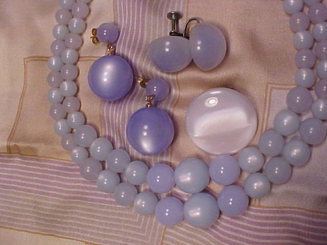 Blue Frost Moonglow Bead Vtg Demi Necklace 3 Pair Earrings