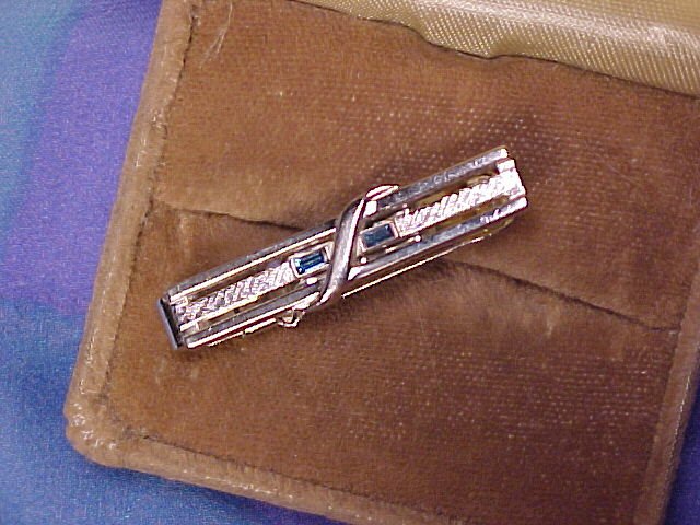 Anson Silver & Blue Rhinestone Baguette Tie Clip Clasp ~ Free Shipping