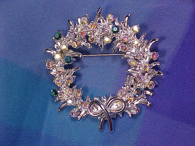 Sparkling AB Rainbow & Teal Rhinestone Christmas PIN ~ Free Shipping!
