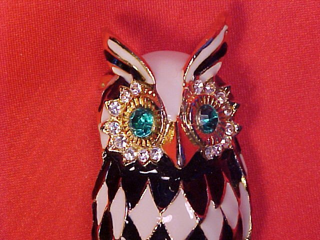 Vintage Harlequin Enamel Rhinestone Gold Tone Owl PIN ~ Free Shipping