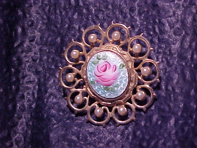 Lovely Guilloche Enamel Rose & Faux Pearl Pin
