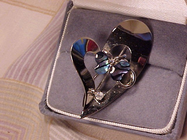 Silver Heart & Blue Shell Butterfly Brooch Pin ~ Free Shipping