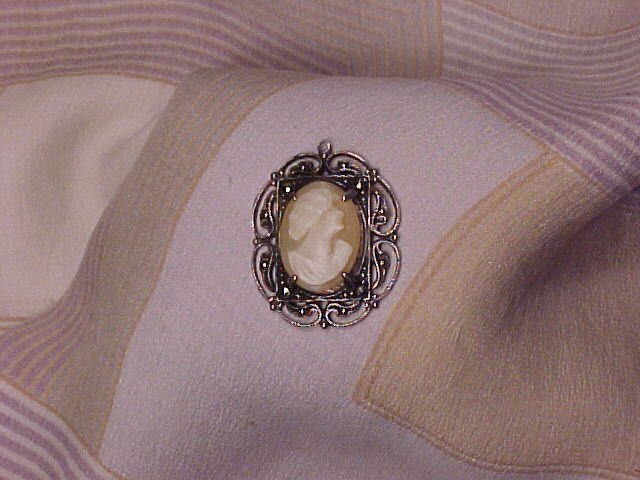 Sterling Silver & Marcasite Estate Shell Cameo Pendant