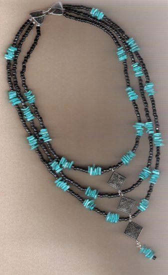 Dyed Turquiose Blue Shell Chip and Black Bead Three Strand 22 inch Necklack