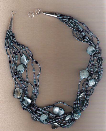 Blue Dyed Mother of Pearl Shell Pieces Multi Strand 20 inch Necklace