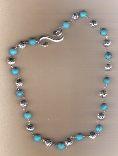 Silver Disc and Turquiose Bead 22 inch Necklace