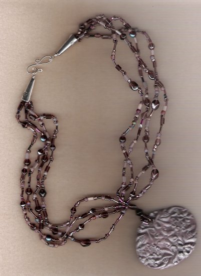 Purple Seed Bead Polymer Clay Pendant Handcrafted 20 inch Necklace