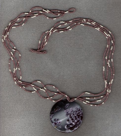 Mother of Pearl painted shell Pendant seed bead handcrafted 25 1/2 inch necklace
