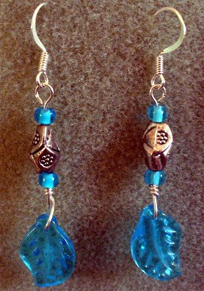 Silver Blue Glass Leaf Earrings