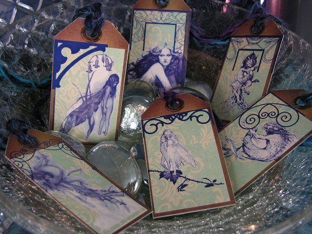 Fairy Tale - Fairies and Imps on glitter Card Stock set no. 2- Set of 6 Hang Tags, Gift Tags