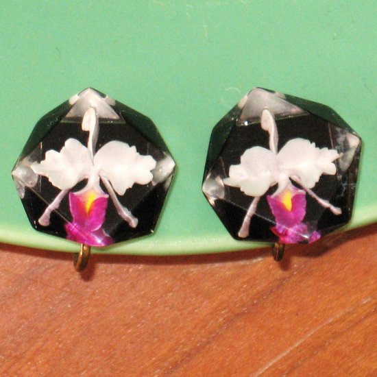 * S A L E * vintage reverse carved lucite orchid earrings - jewelry