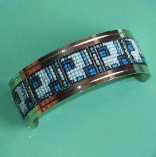 cross stitched silvertone cuff boxy blue geometric design - vintage jewelry
