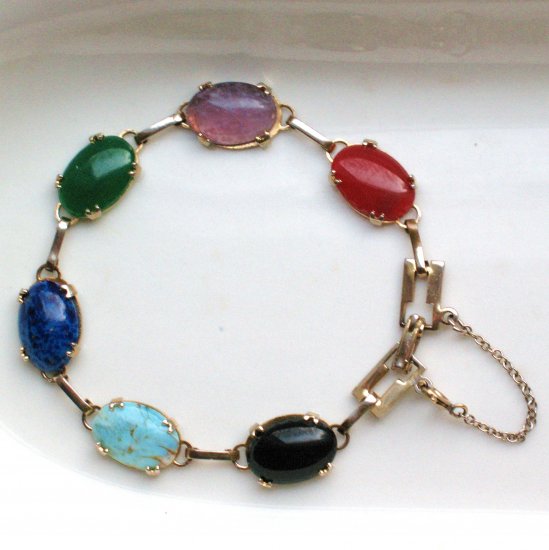multicolored glass cabochon link bracelet - vintage jewelry