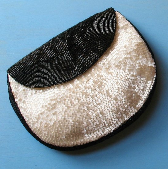 shimmering pearly white & black beaded vintage bag with wee matching coin purse hyland france