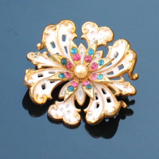 colored rhinestone white enamel goldtone brooch - vintage jewelry