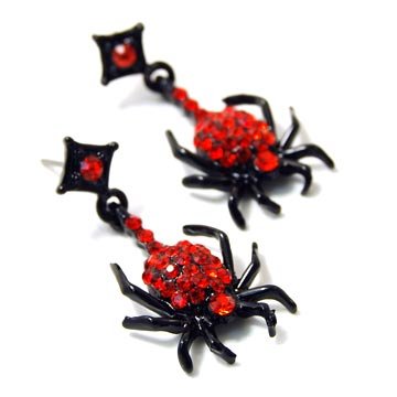 Creepy Halloween Goth Black Red Gothic Spider Austrian Crystal Rhinestone Earrings