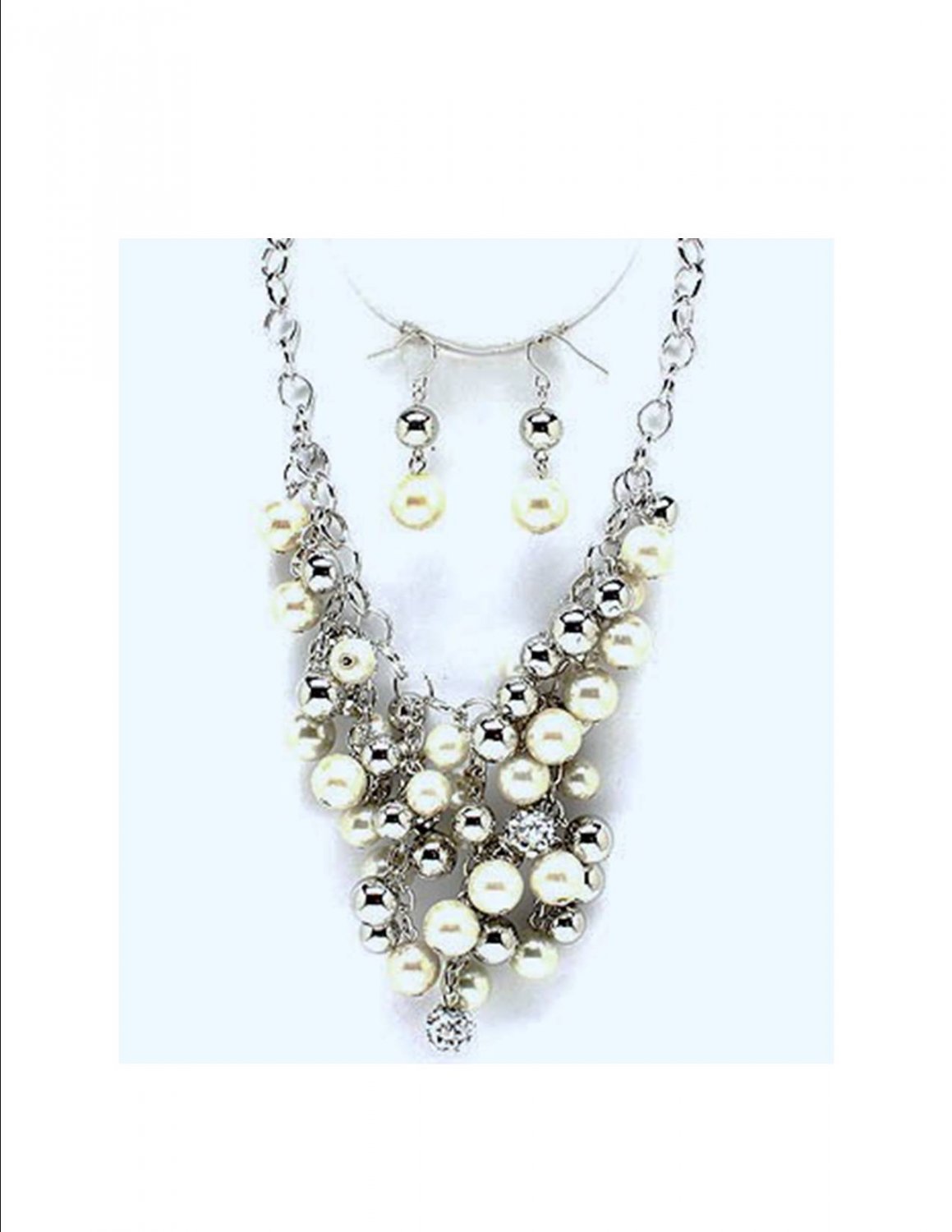 Off white Silver Pearl & Rhinestone Dangle Balls Baubles Bib Necklace Earring Set Prom Bridal