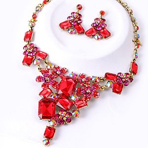 Chunky Crystal Red AB Rhinestone Bib Statement Necklace Earrings Bridal Prom