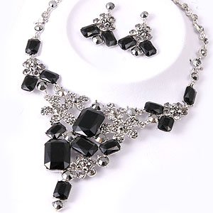 Chunky Hematite Black Crystal Rhinestone Bib Statement Necklace Earrings Bridal Prom
