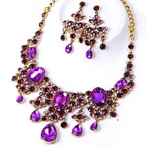 Chunky Crystal Purple Acrylic Rhinestone Statement Bib Necklace Earring Set Bridal Prom