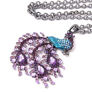 Chunky Blue Purple Swarovski Crystal Bling Rhinestone Peacock Statement Long Pendant Necklace