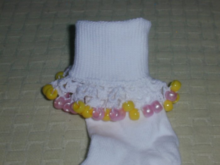 Girls Pink and Yellow Custom Beaded Crocheted Socks-Ladies Sizes Available
