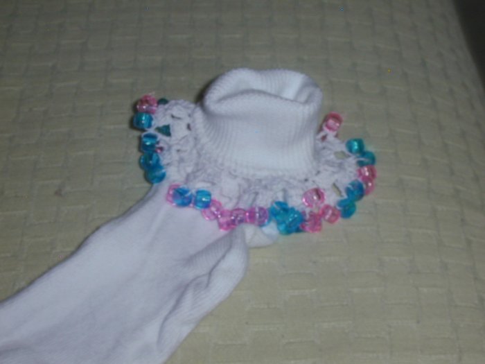 Girls Pink and Aqua Custom Beaded Crocheted Socks-Ladies Sizes Available