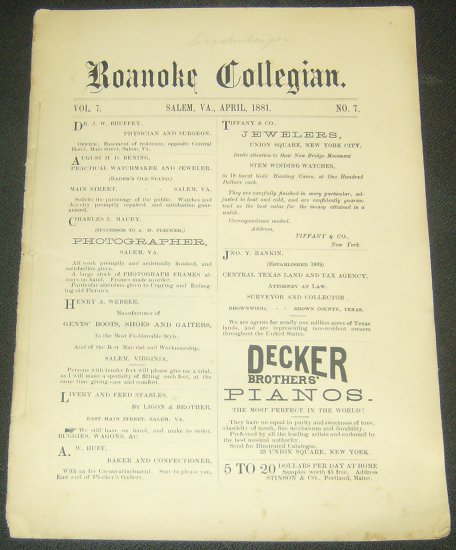 1881 Roanoke Collegian College Newspaper
