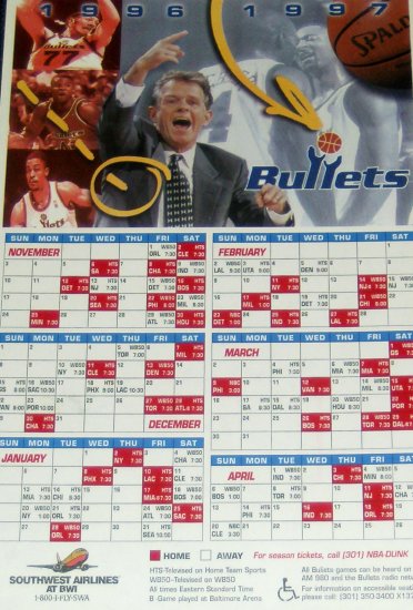 1996-1997 Washington Bullets Magnet Schedule