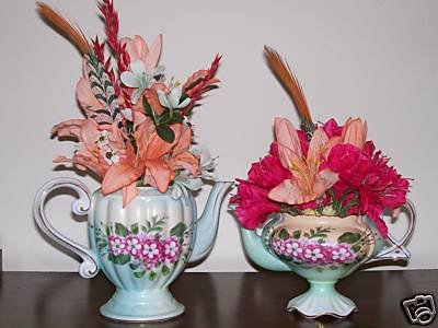 TWO MATCHING ELEGANT TEA POT FLORAL ARRANGEMENTS