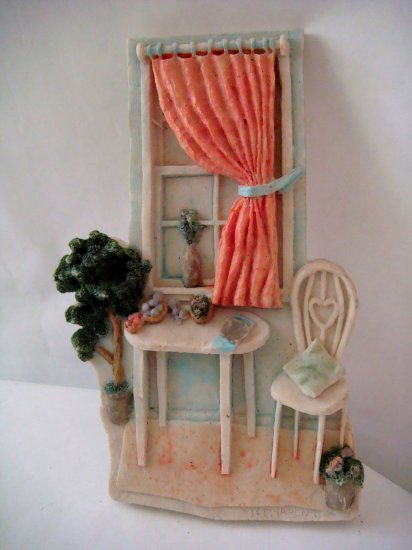 Plaster 3-D Miniature Room Wall Hanging Window & Table